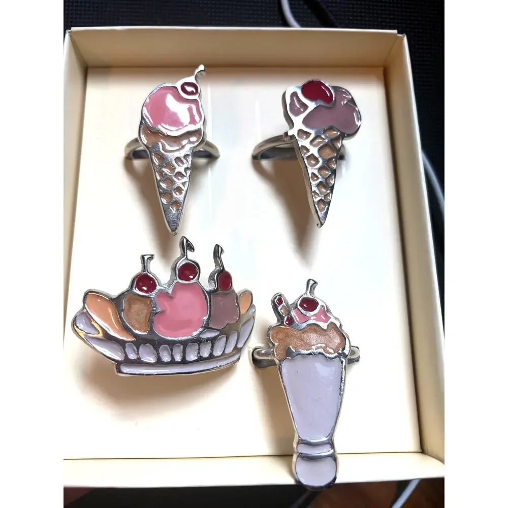 Vintage Pottery Barn Ice Cream Napkin Rings Set of 4 Enamel New In Box